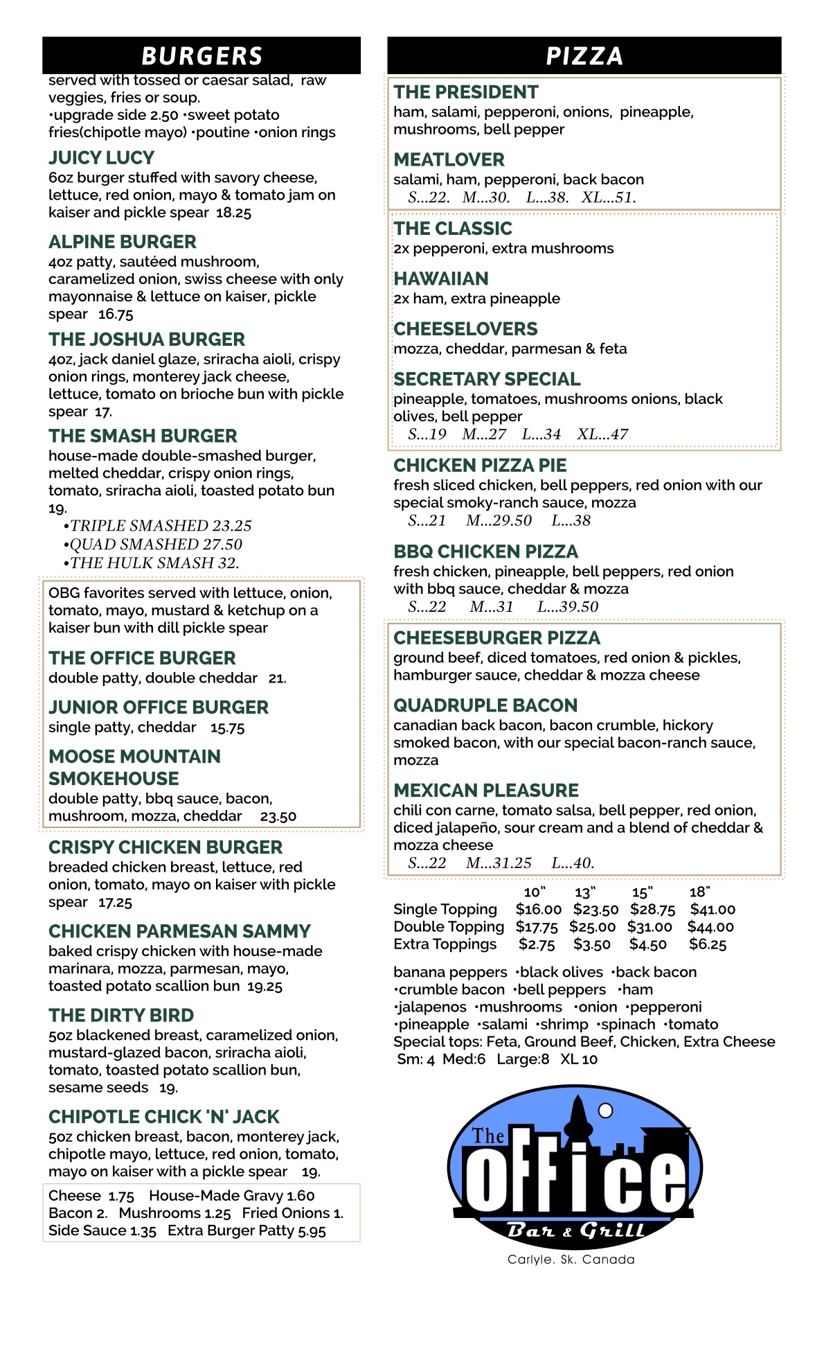 Lunch 11-4pm 
Burgers & Pizza